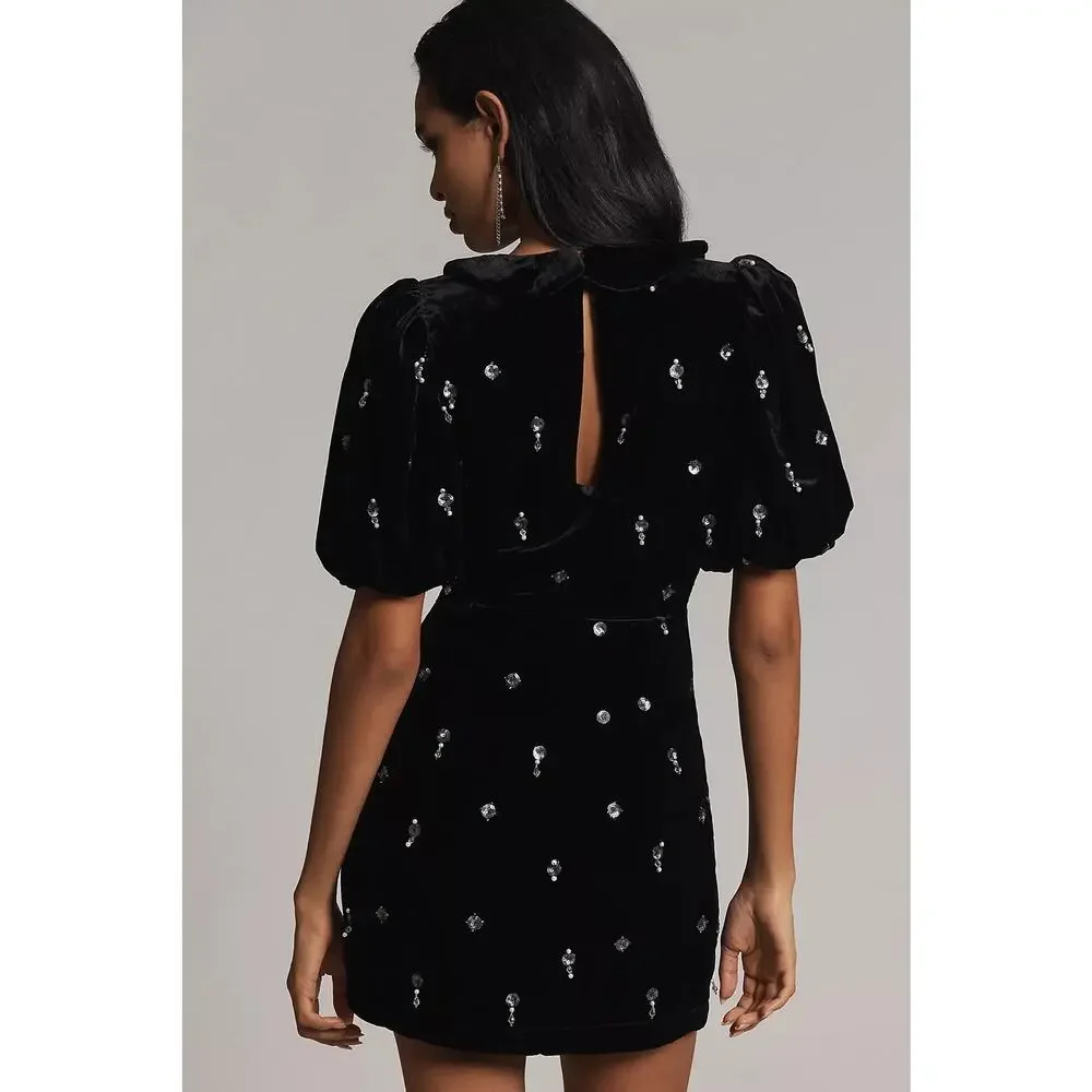 NWT Anthropologie Maeve Short-Sleeve Embellished Velvet Mini Dress $228 SIZE 6 - Picture 3 of 5